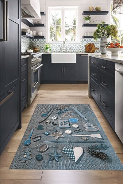 Napoli Home 3D Dijital Baskılı Kaymaz Taban Yıkanabilir Renkli Modern Mutfak Halısı, N-MUTFAK-16-MAVİ,