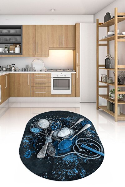 Napoli Home 3D Dijital Baskılı Kaymaz Yıkanabilir Renkli Modern Oval Mutfak Halısı, N-O-MUTFAK-19-MAVİ,