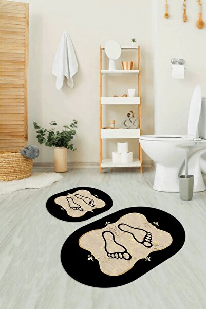 Napoli Home Ψηφιακό με τύπωμα Αντιολισθητικό Πλενόμενο Σετ Μπάνιου με Μοτίβο Ποδιών Οβάλ Σετ Τουαλέτας, N-O-KLOZET-20-GOLD,