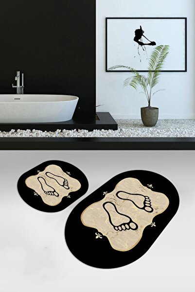 Napoli Home Ψηφιακό με τύπωμα Αντιολισθητικό Πλενόμενο Σετ Μπάνιου με Μοτίβο Ποδιών Οβάλ Σετ Τουαλέτας, N-O-KLOZET-20-GOLD,