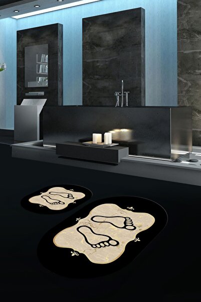 Napoli Home Ψηφιακό με τύπωμα Αντιολισθητικό Πλενόμενο Σετ Μπάνιου με Μοτίβο Ποδιών Οβάλ Σετ Τουαλέτας, N-O-KLOZET-20-GOLD,