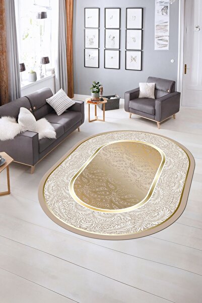 Alkilim Dijital Kaymaz Yıkanabilir Çerçeveli Oval Yolluk Mutfak Salon Halısı,...