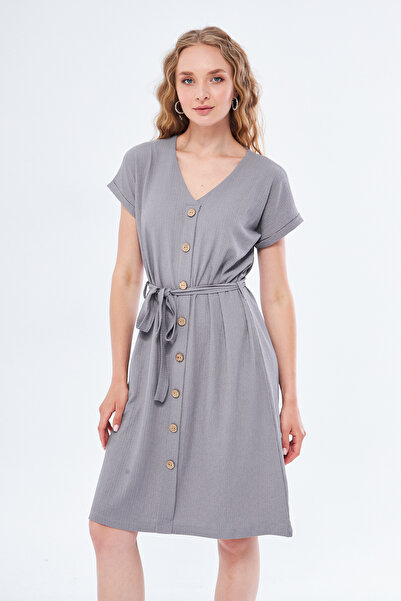 YÜKSEL IŞIK Siva haljina kratkih rukava sa dugmićima