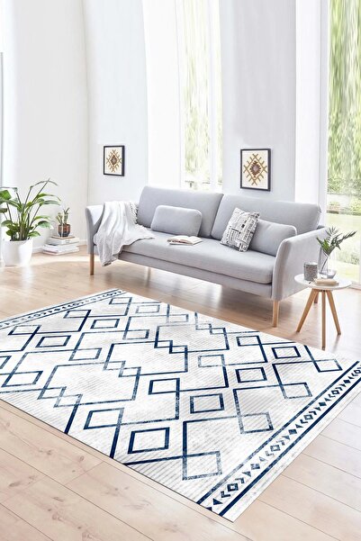 Dijital Baskılı Kaymaz Yıkanabilir Modern Desen Yolluk Mutfak Salon Halısı, N-MODERN-91-MAVİ,
