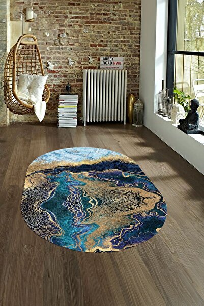Alkilim Dijital Baskılı Kaymaz Taban Yıkanabilir Mermer Oval Yolluk Salon Hal...