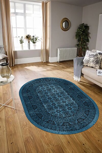 Alkilim Dijital Kaymaz Yıkanabilir Modern Desen Oval Yolluk Mutfak Salon Halısı, N-O-MODERN-113-MAVİ,