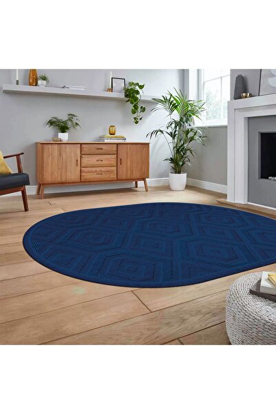 Kilimsepeti Dijital Baskılı Kaymaz Yıkanabilir Sade Desen Oval Yolluk Mutfak Salon Halısı, V-O-SADE-26-MAVİ,