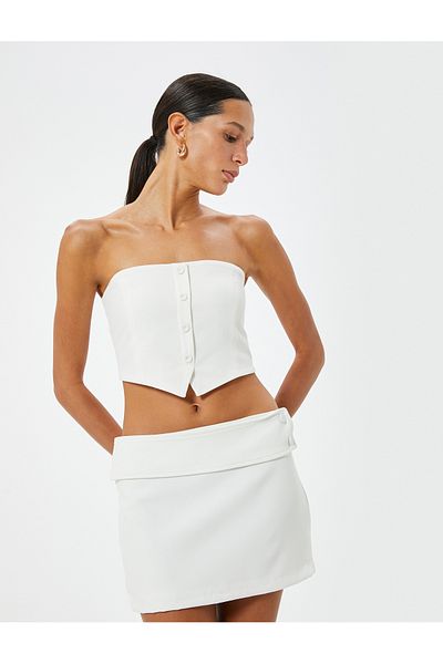 Koton Linen Blended X Crop Strapless Top - Button Detailed