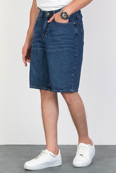 HLT JEANS Erkek Koyu Mavi Baggy Fit Rahat Kesim %100 Pamuk Denim Loose Jeans Kot Şort ARTHUR-MAVİ