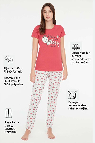 Mod Collection - Kadın Çilek Yuvarlak Yaka Pijama Takımı