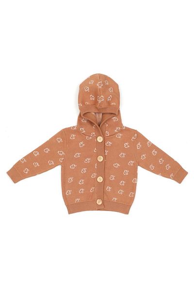 Baboo Patterned Organic Cotton Hooded Baby and Kids Cardigan - Brown