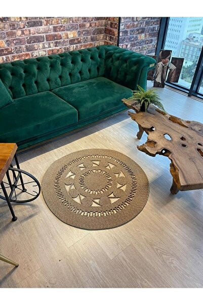 TurQhouse Dekoratif Jüt Hasır El Örgüsü Halı Kilim Yuvarlak-kahverengi