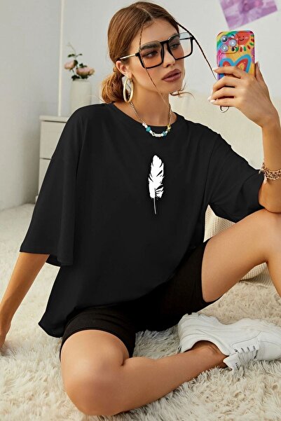 trendypassion تي شيرت مطبوع عليه ريش للجنسين