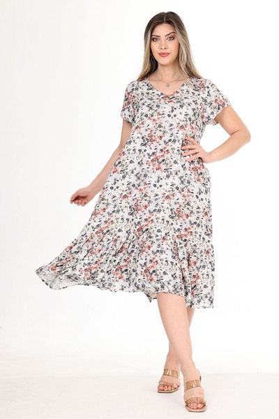 Eceyaman moda Light Gray V-Neck Floral Patterned Ruffle Women's Dress