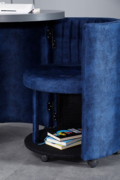 Meşe Home Marvel Tezgahlı Depolama Alanlı Tekerlekli Mavi Nubuk Kumaş Puf - Bench Çalışma Masası