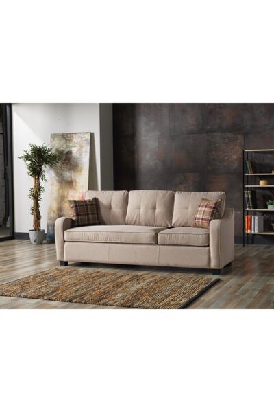 Meşe Home Plus Kılıflı Torba Yaylı Keten Kumaş Fonksiyonel Üçlü Kanepe Koltuk Açık Kahve