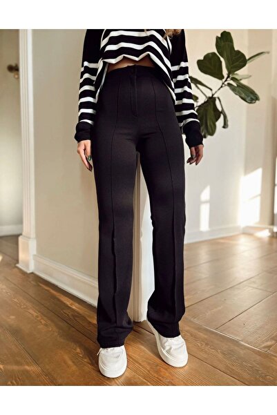 Merve Kılas Butik Pantaloni palazzo în dungi din lycra pentru femei, negri