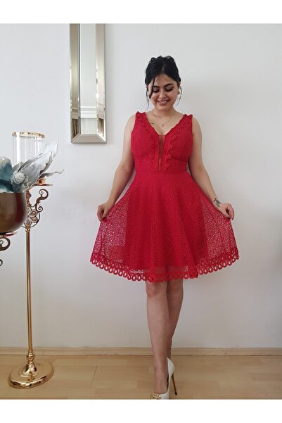 FERGAN Kadın Kırmızı Güpür Mini Kloş Elbise