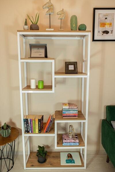 Mavienerji Beyaz Dekoratif Ahşap Ve Metal Kitaplık Çok Amaçlı Raf Ev Ofis Kit...