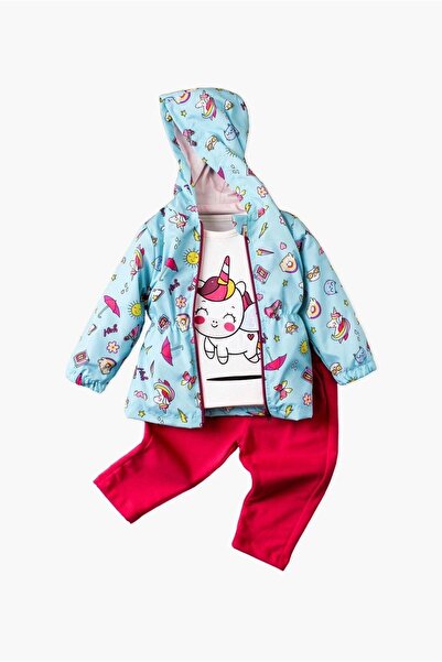 Kidex’s Baby Donet Desenli Kapüşonlu Tatlı Unicorn İçi Pamuklu yağmurluk Bebek Takımı