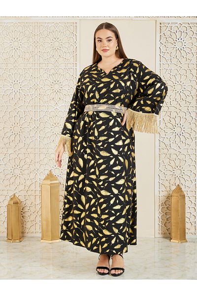 Styli Plus Feather Foil Print Tassel Trim Sleeves Jalabiya