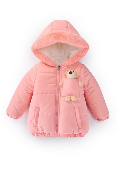 PODİUM GİYİM Trend Cute Baby Teddy Bear Fur Soft Fabric Pocket Gilded Hooded Winter Coat-Coat