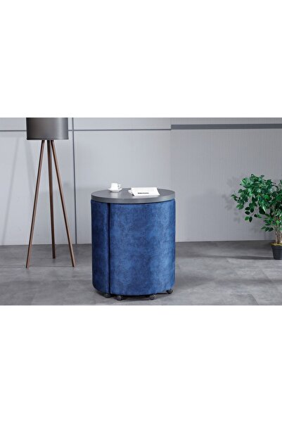 Meşe Home Marvel Tezgahlı Depolama Alanlı Tekerlekli Mavi Nubuk Kumaş Puf - Bench Çalışma Masası