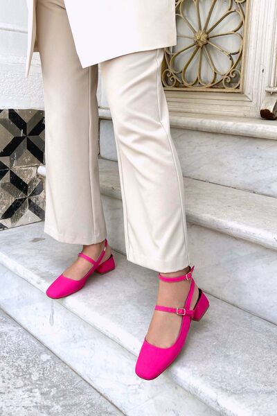 POLKA STORE Mary Jane Women - Matte, Pink, Fuchsia Short Block Heeled Shoes with Open Back Helmet