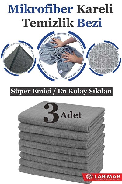 Larimar 3 Adet Jumbo Boy Mikrofiber Kareli Temizlik Bezi Duvar Ve Yer Silme B...