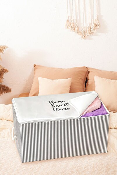PH Prendi Home Geantă mare cu imprimeu Home Sweet Home, gri cu dungi, 64x40x35