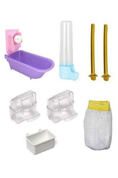 TUĞRA PET MARKET 8 Piece Cage Necessity Set Feeder + Drinker + Net + Bird Bath + Perch + Feeder