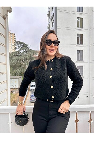 magnolianbutik Γυναικεία ζακέτα με χρυσό κουμπιά εκρού με λαιμόκοψη