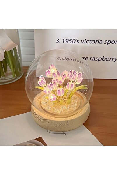 CajuArt Dekoratif Cam Fanus İçinde Lale Led Çiçekler Hediye Biblo