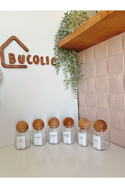 BUCOLIC 6-Piece Glass Spice Rack Set with Wooden Ball Cover / 300 Ml / Labeled
