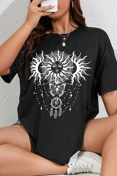 MODAGEN Μπλουζάκι Sun Butterfly Printed Unisex Μαύρο Oversize T-shirt - Crew Neck