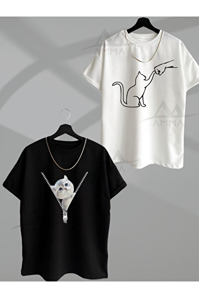 NoVibe Set tricou unisex 2 piese cu imprimeu pisici - 100% bumbac, mânecă scurtă