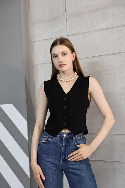 GALAVİP Women's Black Buttoned Linen Vest