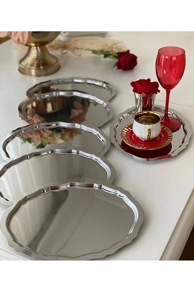 Aslı Hediyelik 6 Pieces 20X25 cm Oval Wavy Silver Plated Model Tea, Coffee, Catering Presentation Tray 20X25 cm