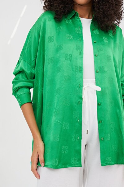 Orfeo Negro WOMEN'S PATTERNED OVERSIZE GREEN SHIRT IN PLUS SIZE AND SUITABLE FOR HIJAB