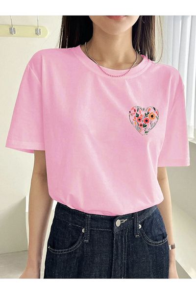 FAVORİST Unisex Oversize βαμβακερό μπλουζάκι - Heart and Tulip Printed