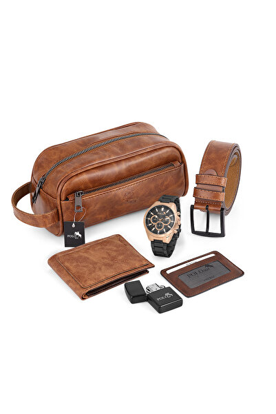 Polo Air Erkek Kol Saati El Çantası Cüzdan Kemer Kartlık Çakmak Set Taba-Siya...