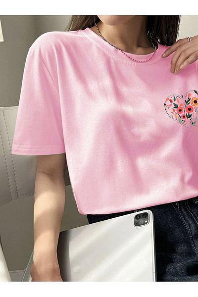 FAVORİST Unisex Oversize βαμβακερό μπλουζάκι - Heart and Tulip Printed