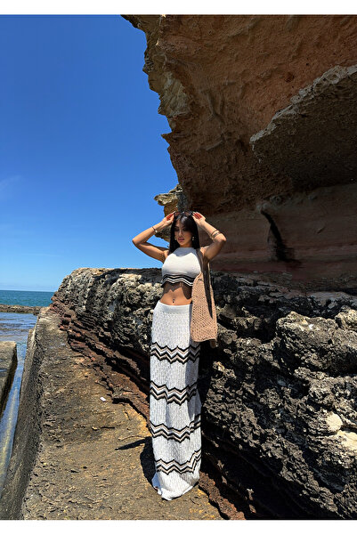 KENZA Women's White Asymmetrical Cut Skirt Lined Summer Knitwear Suit