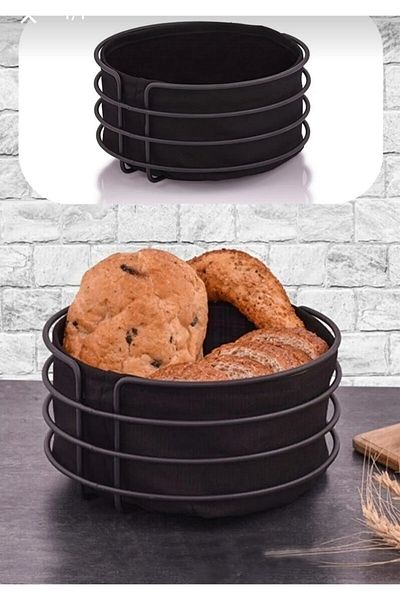 YZG HOME Metalay Round Bread Basket Multi-Purpose Black Stainless Basket Black Fabric Bread Basket