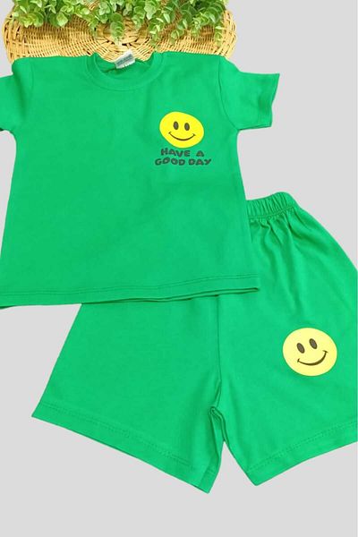 dinamik çocuk Unisex Children's Smiley Face Printed Top and Bottom Set of 2 Summer Thin