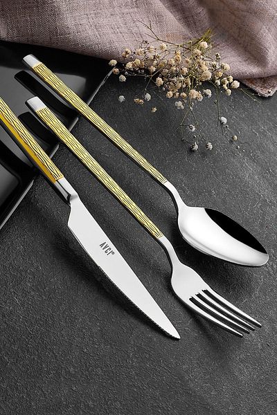 Avcı Pera Gold 7 Piece Single Fork Spoon Knife Set 18/10 Stainless Steel