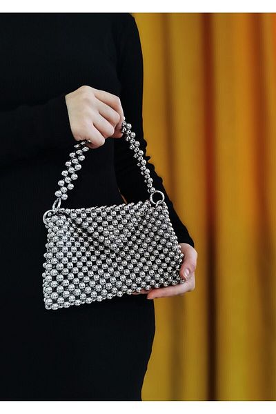 vivozza Geanta cu margele de nichel - Geanta pentru rochie de seara - Geanta pentru invitatii - Geanta de umar 20x14cm