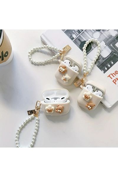 KVK PRİVACY Bear Headphone Case with Pearl Strap and Bow Tie, Compatible with Airpods 1st and 2nd Generation