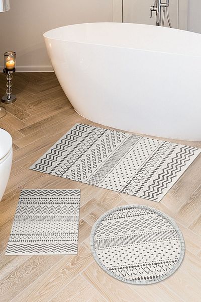 Dekoreko Digital 3-Piece Bathroom Set Trend Felt Non-Slip Base Mixed Round Scandinavian Cade Beige
