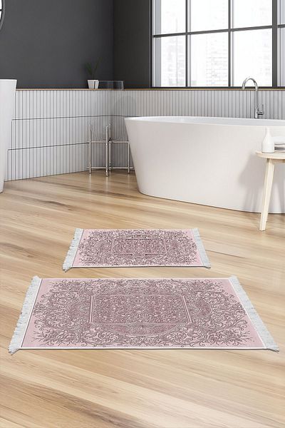 Dekoreko Digital 2-Piece Bath Mat Set Trend Felt Non-Slip Base Fringed Modern Katrina Powder